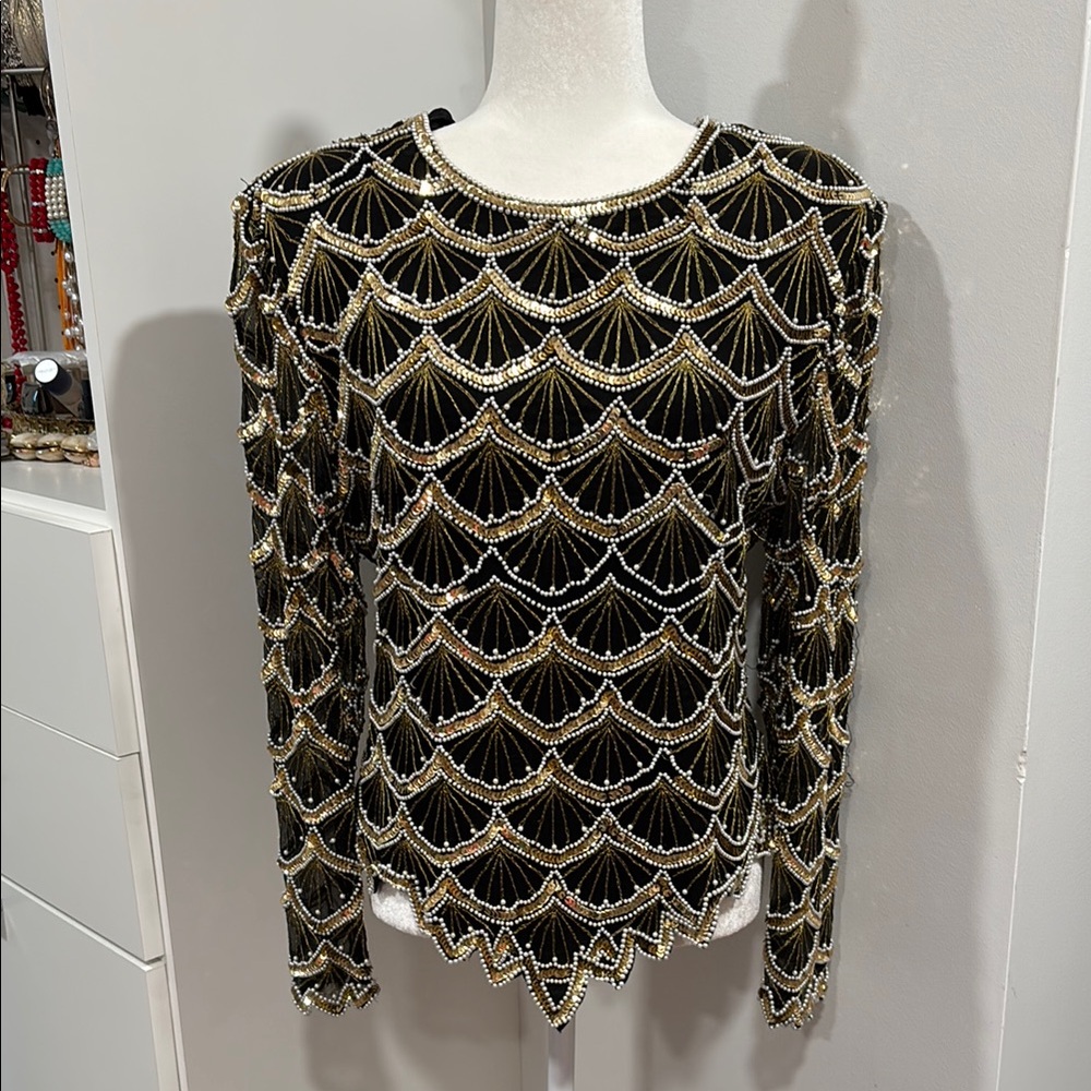 Laurence Kazar Gold and Black Embellished Long Sleeve Blouse